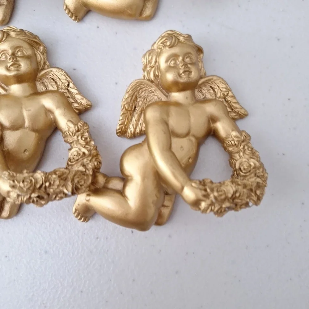8 Ornate Resin Cherub Angel Napkin Ring Holders Gold Tone Painted Vintage HEAVY